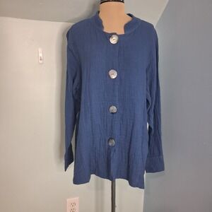 Shannon Passero Blue Crinkle Cotton Gauze Button Front Jacket Pockets Large